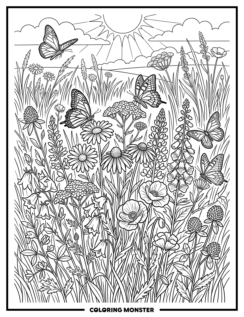 Wildflowers in a Sun-Drenched Meadow Coloring Page