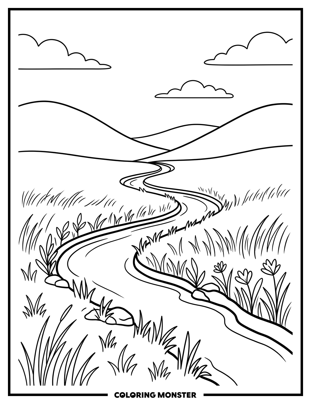 Winding Stream Through Meadow Coloring Page