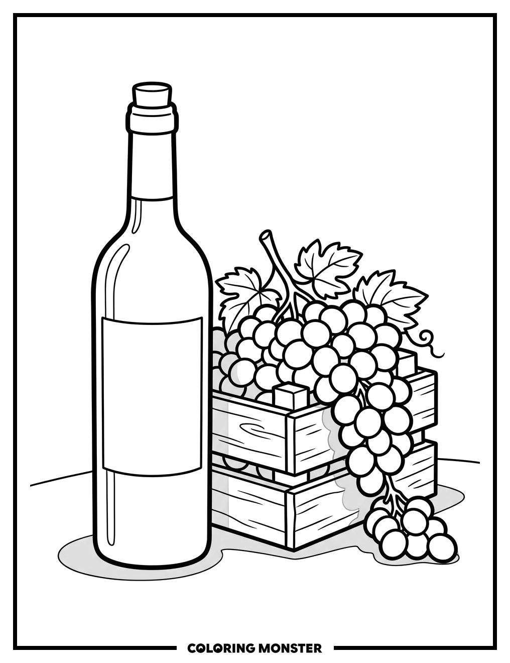 Wine Bottle and Grapes Coloring Page