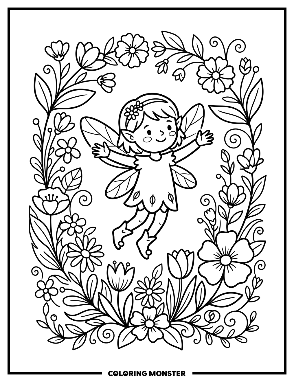 Winged Sprite Among Flowers Coloring Page