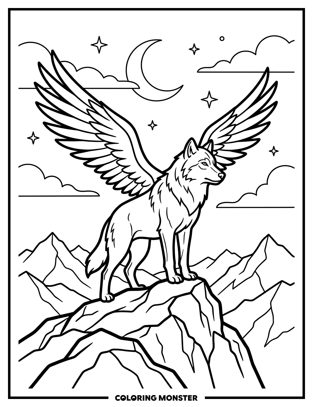 Winged Wolf on Mountain Peak Coloring Page