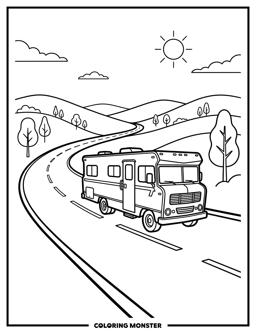 Winnebago on a Sunny Highway Coloring Page