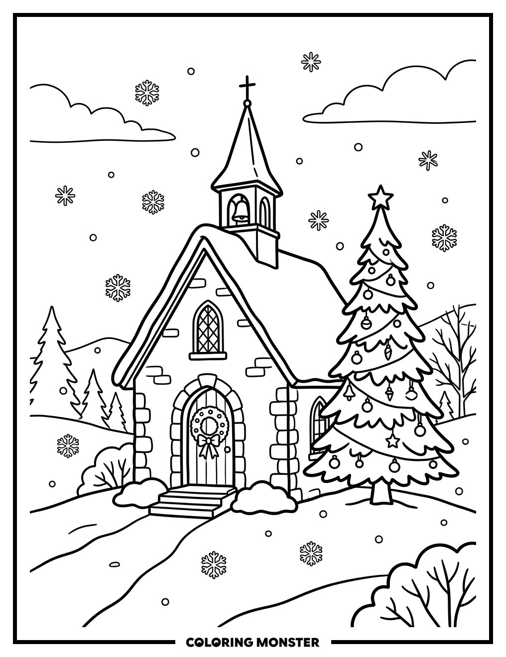 Winter Church Scene Coloring Page