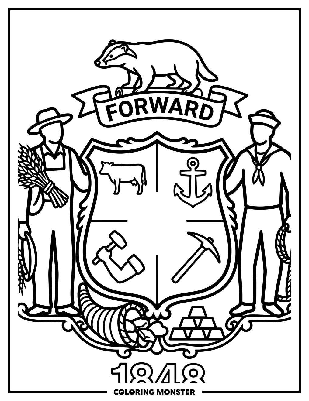 Wisconsin State Flag Symbols Coloring Page