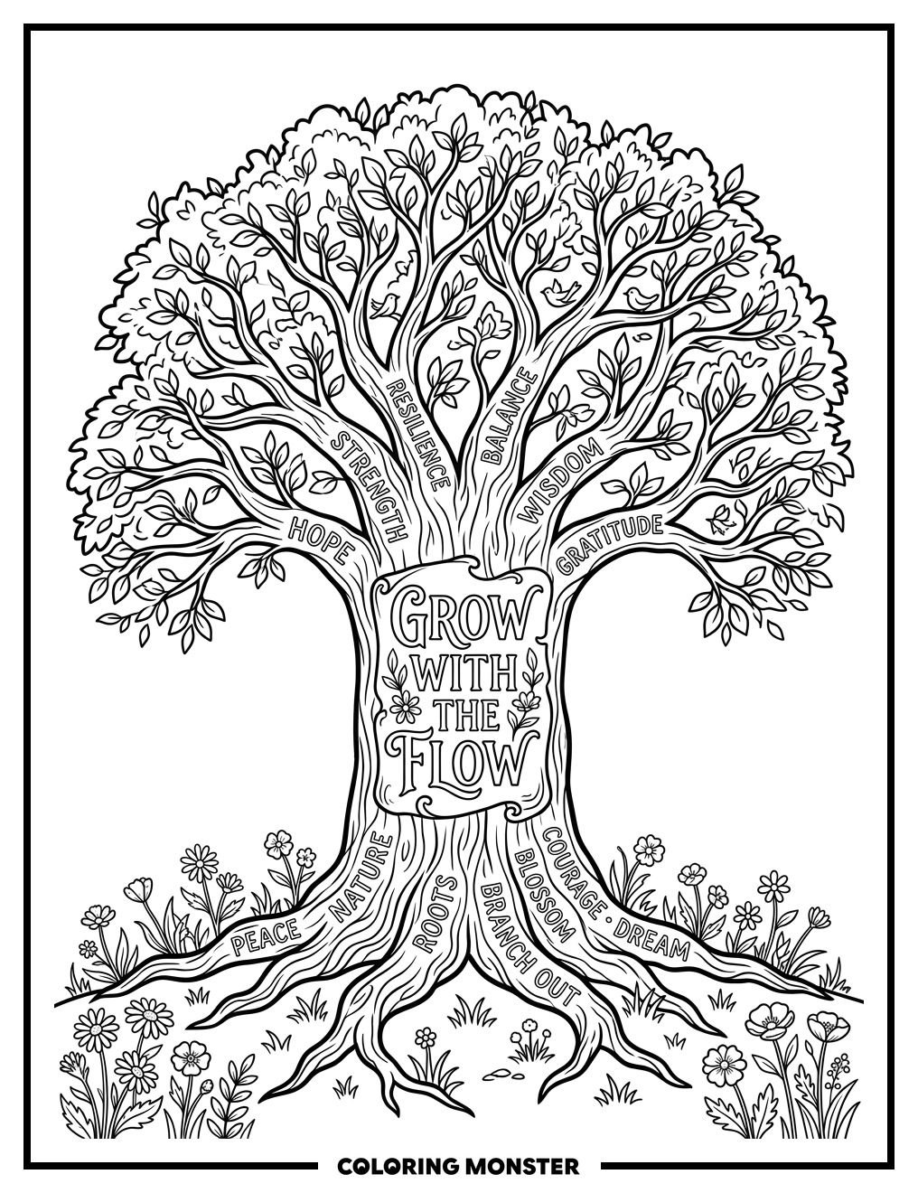 Wise Old Tree With Inspiring Words Coloring Page