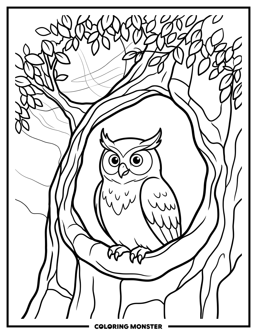 Wise Owl in Tree Hollow Coloring Page