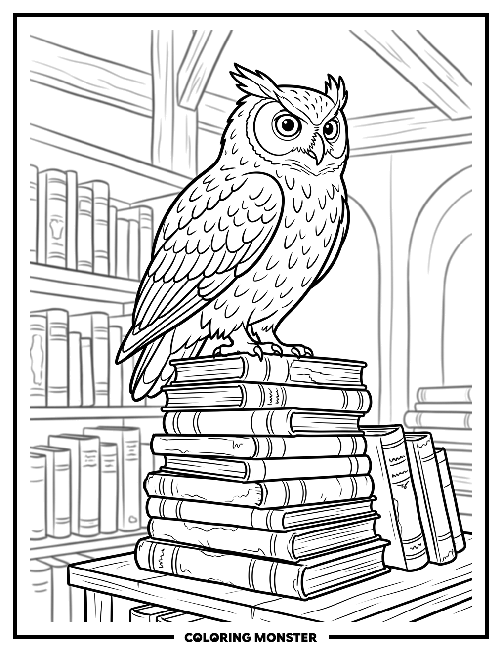 Wise Owl On Stack Of Books Coloring Page