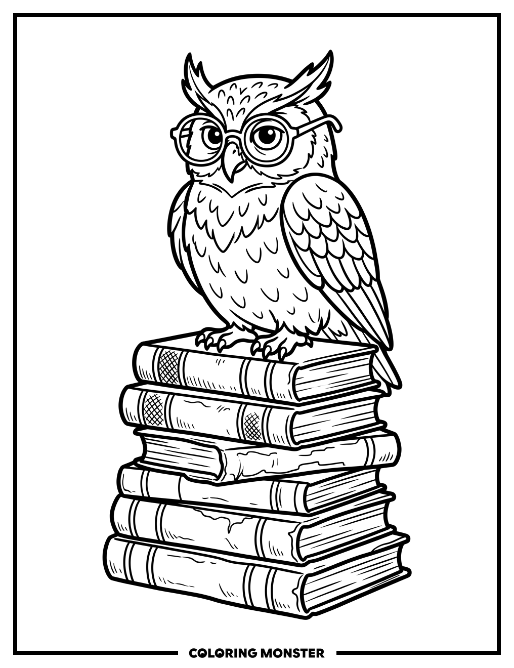 Wise Owl with Spectacles and Books Coloring Page