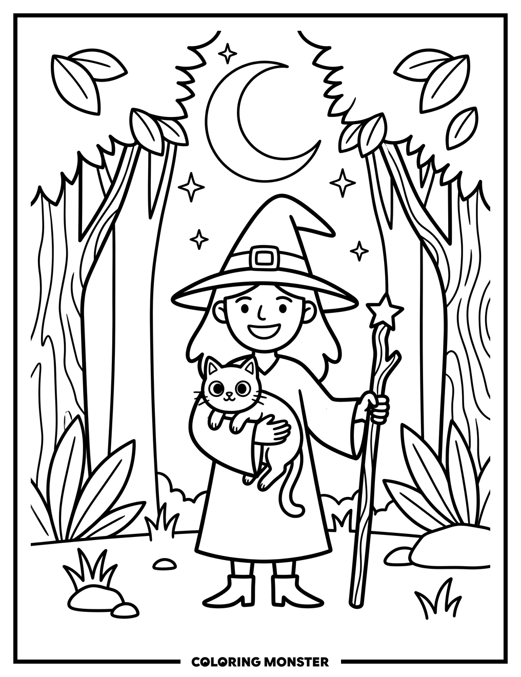 Witch and Black Cat Coloring Page