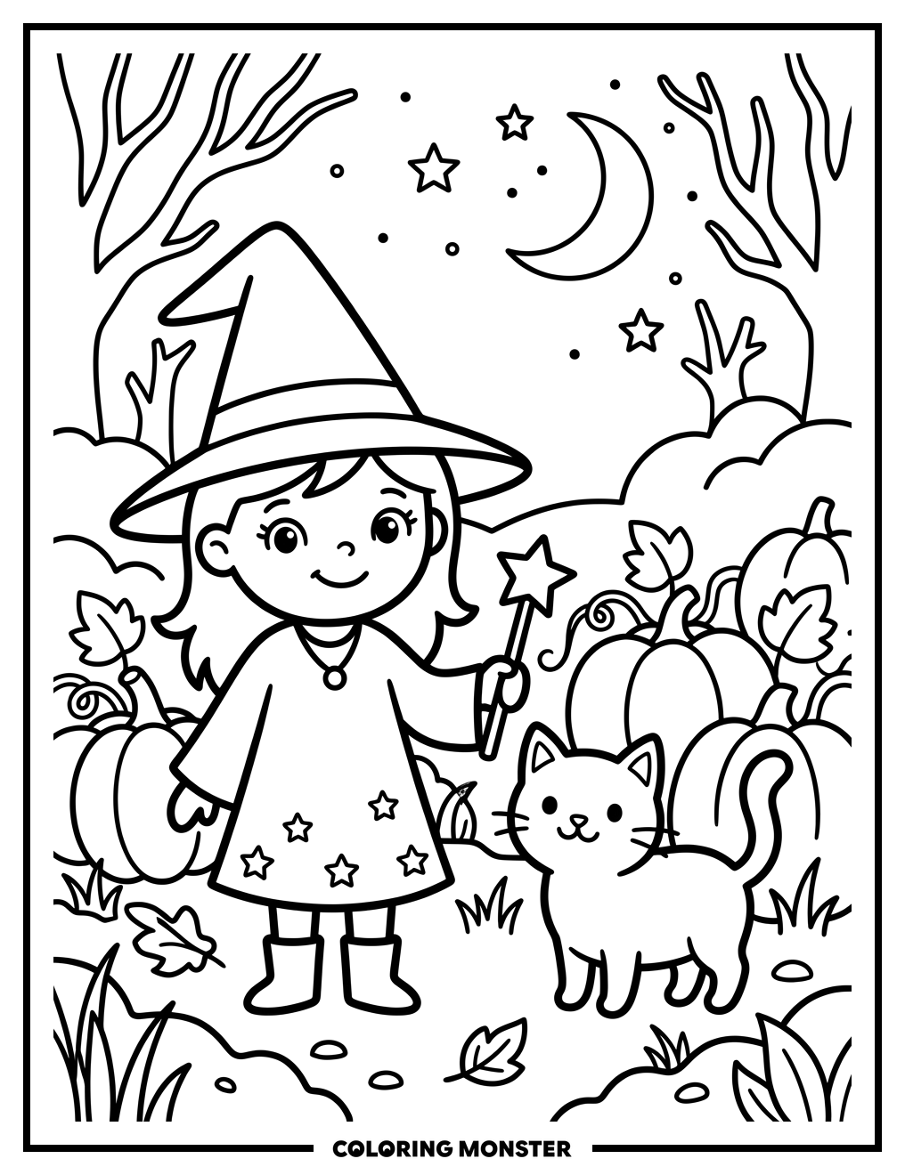 Witch and Cat in Pumpkin Patch Coloring Page
