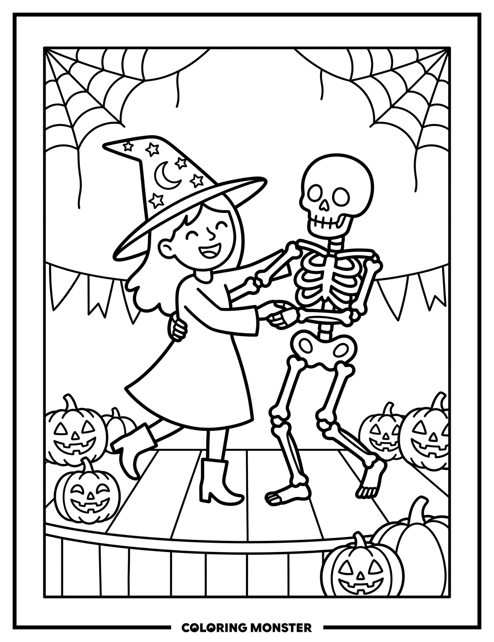 Witch and Skeleton Dancing on Stage Coloring Page