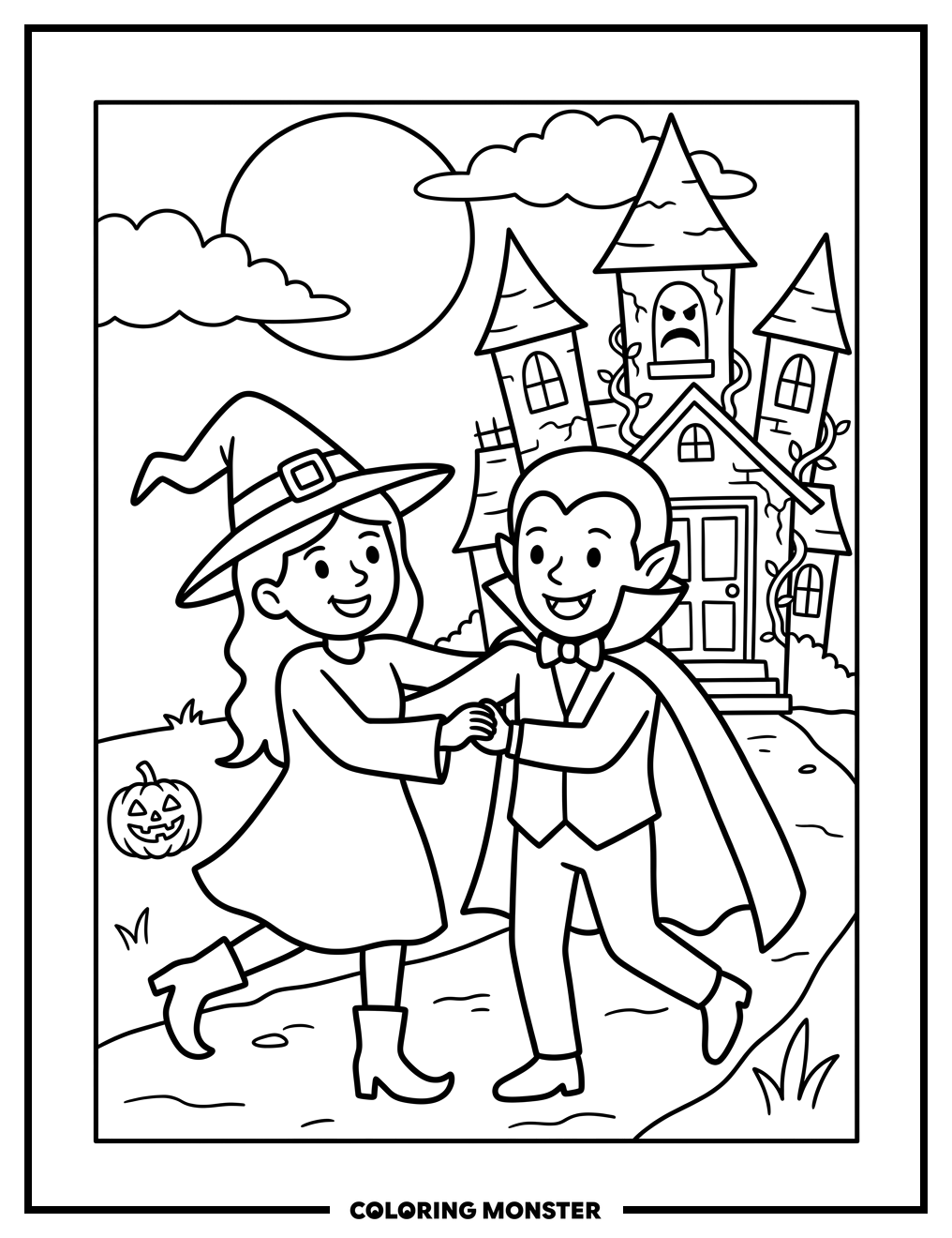 Witch and Vampire Dancing Coloring Page