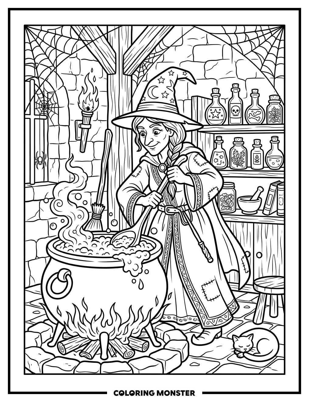 Witch Brewing Potion in Cauldron Coloring Page