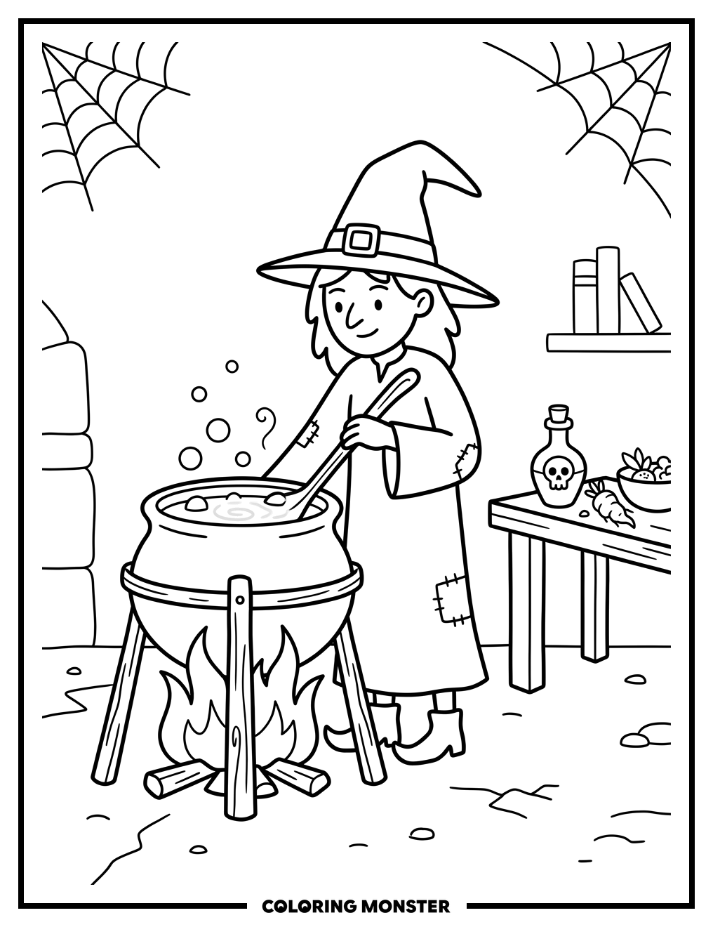 Witch Brewing Potion Over Cauldron Coloring Page
