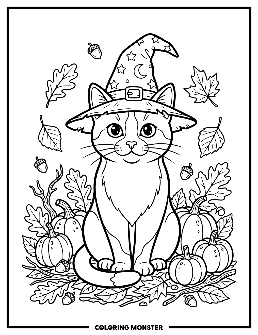 Witch Cat With Pumpkins Coloring Page