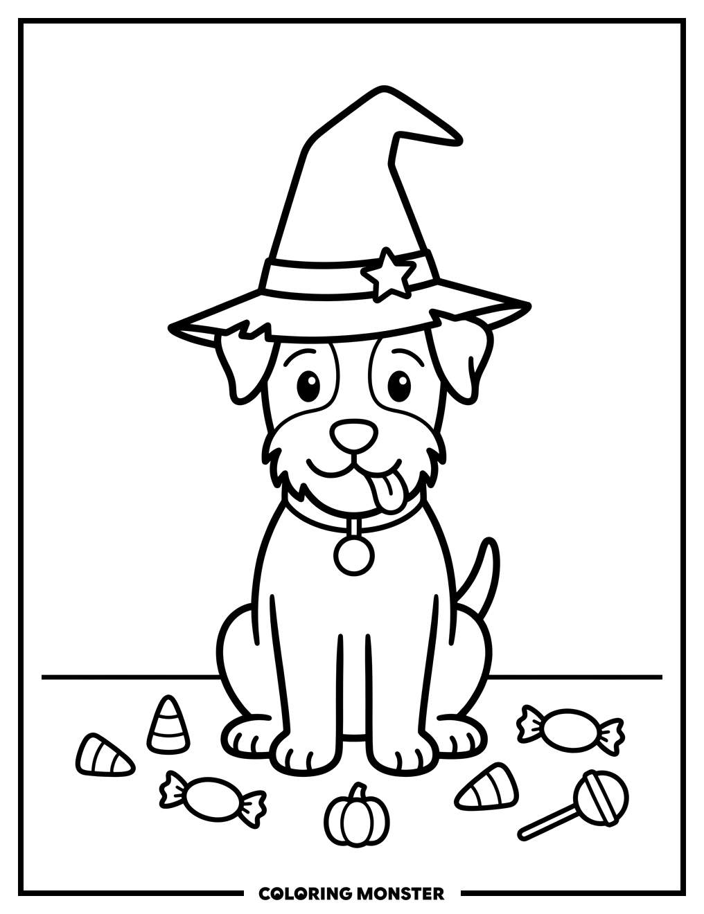 Witch Dog With Candy Coloring Page