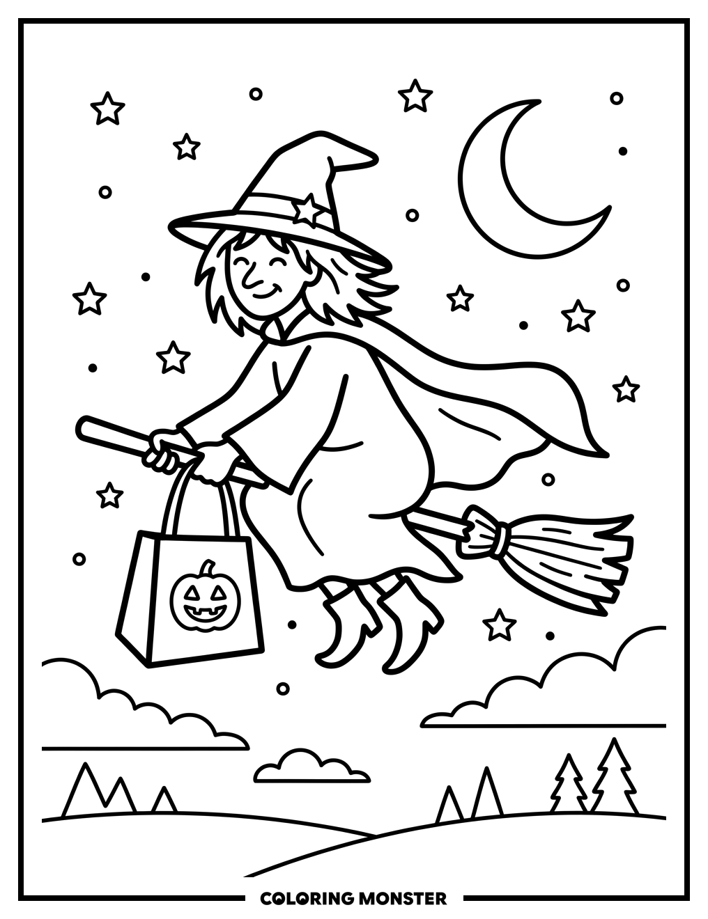 Witch Flying on Broomstick Coloring Page