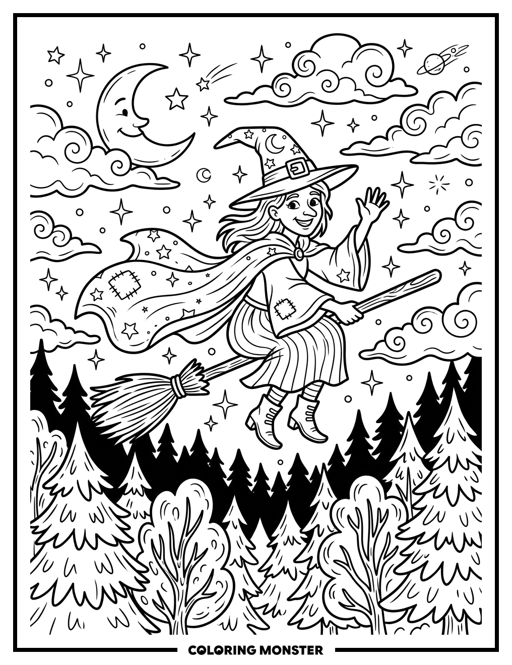 Witch Flying Over Forest Coloring Page
