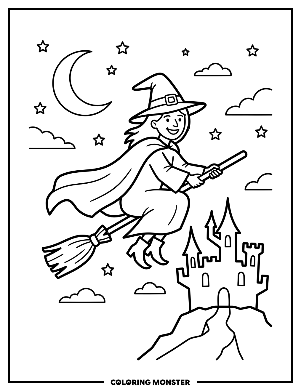 Witch Flying Past Castle Coloring Page