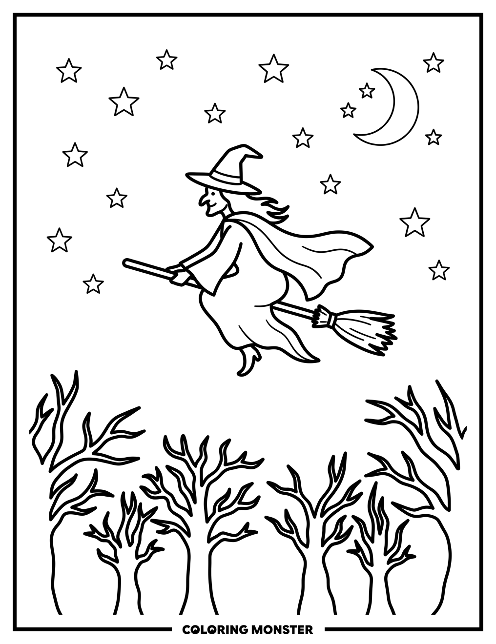 Witch Flying Through Starry Night Coloring Page