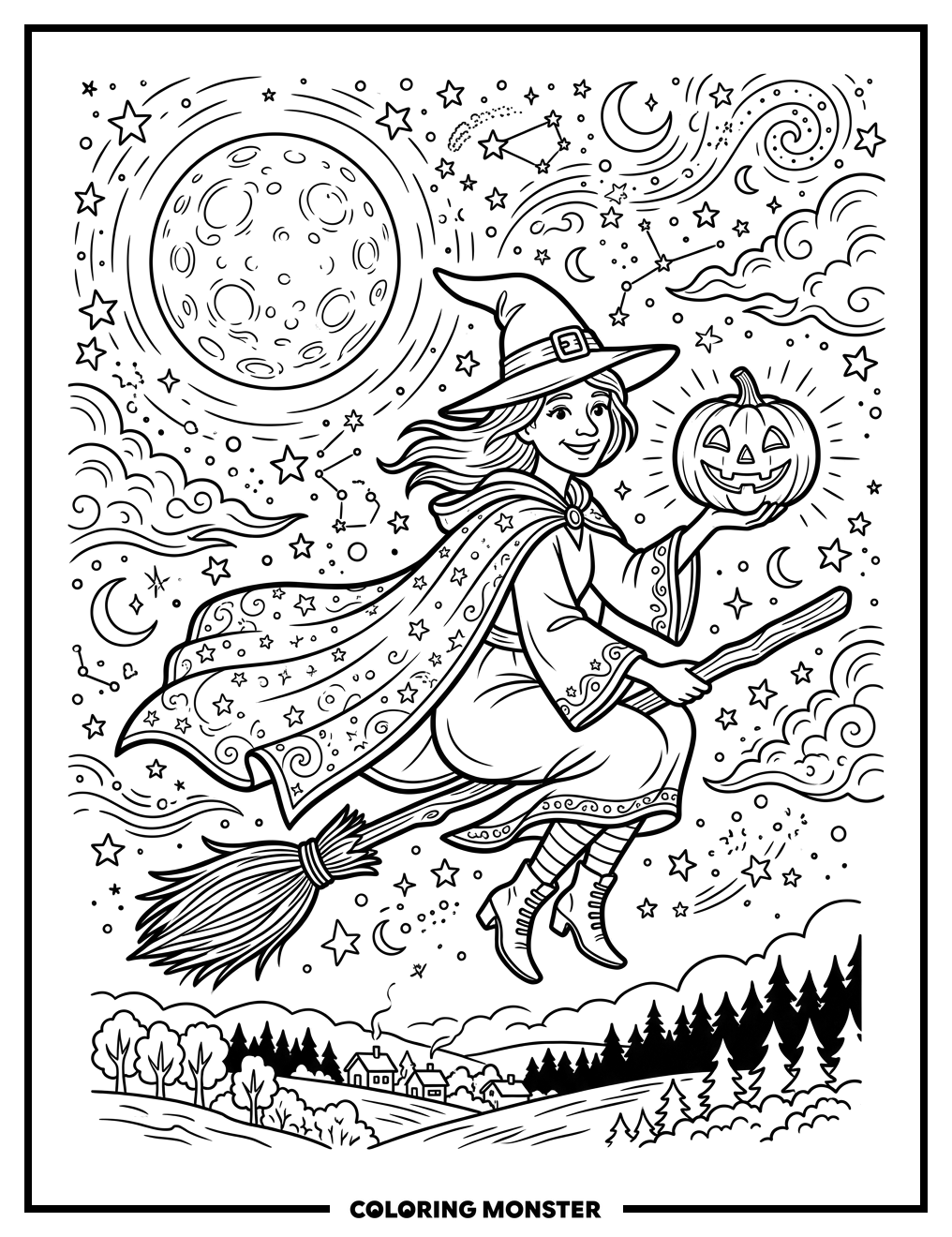 Witch Flying with Jack-o'-Lantern Coloring Page