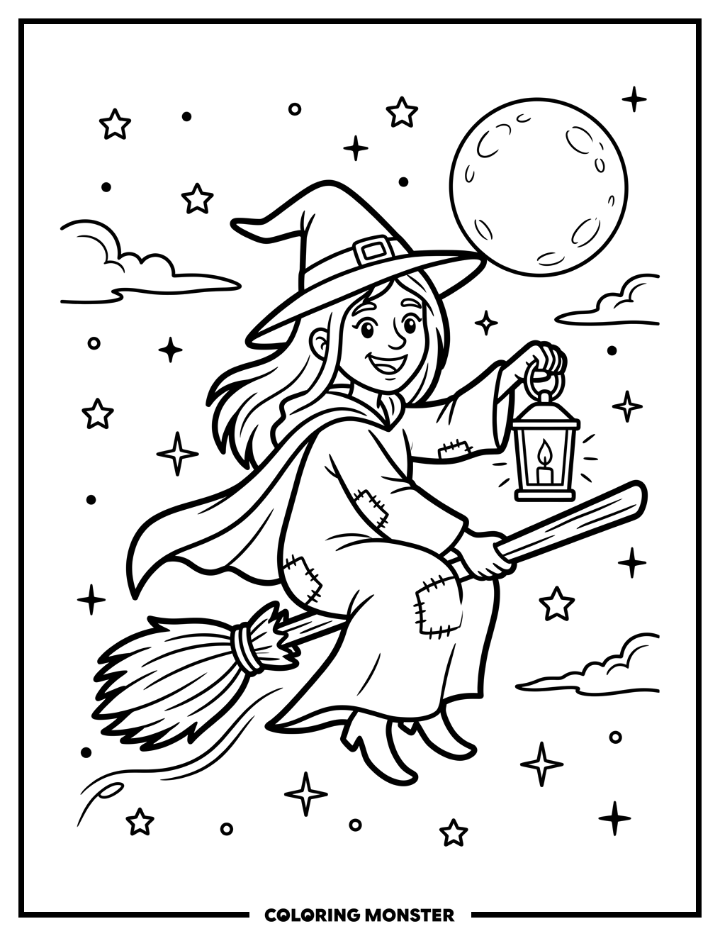 Witch Flying with Lantern Coloring Page