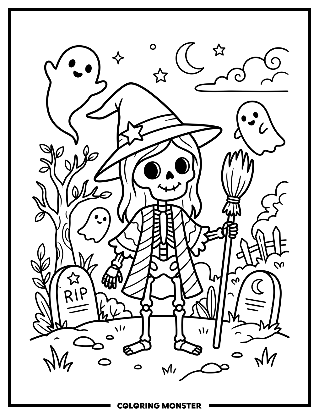 Witch Skeleton Girl in Graveyard Coloring Page