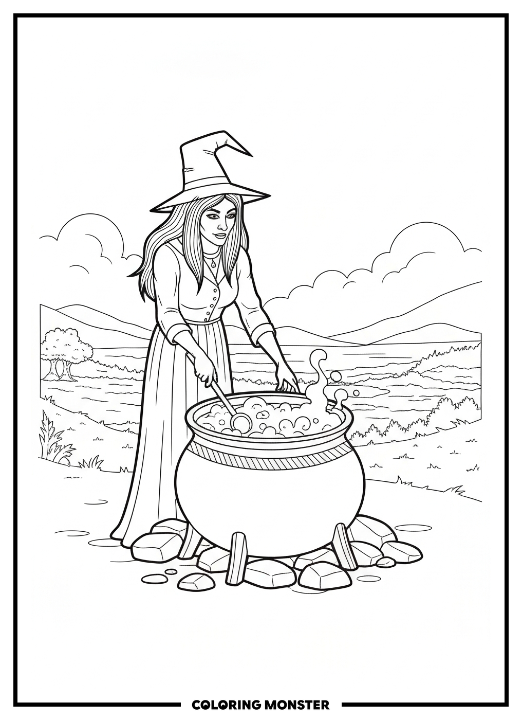 Witch Stirring A Bubbling Cauldron Coloring Page