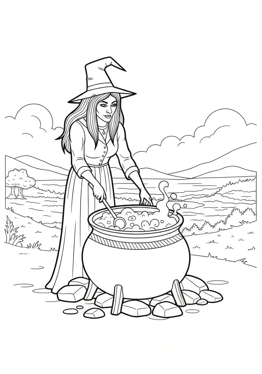 Witch Stirring A Bubbling Cauldron