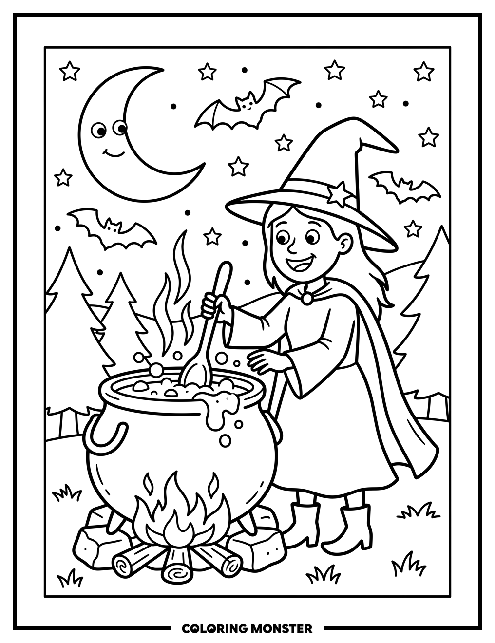 Witch Stirring Cauldron Coloring Page