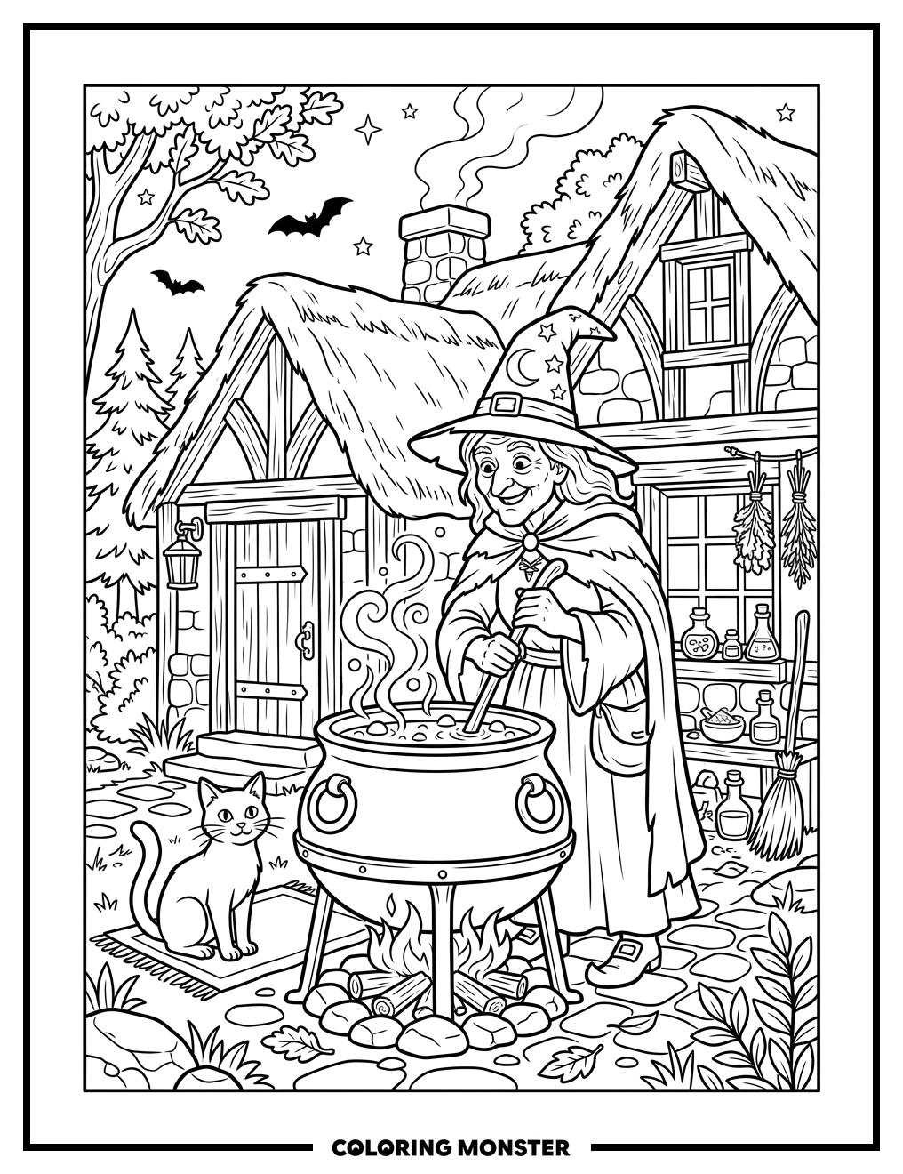 Witch Stirring Cauldron By Cottage Coloring Page