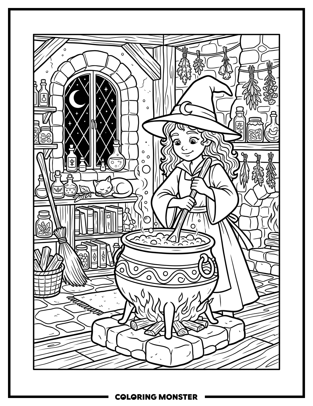 Witch Stirring Cauldron in Cozy Cottage Coloring Page