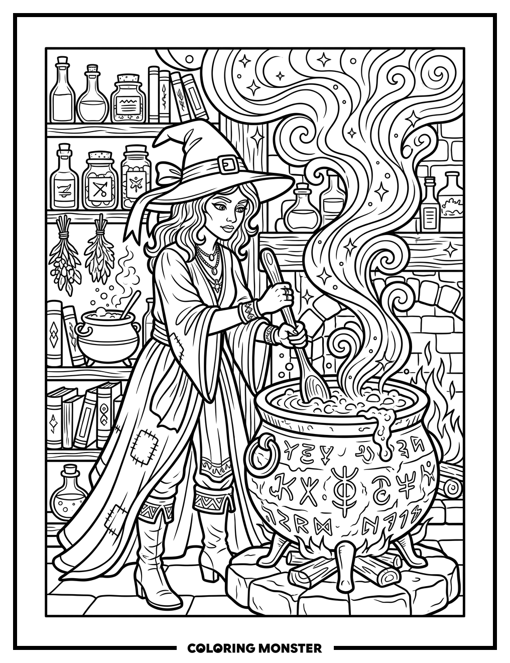 Witch Stirring Magical Cauldron Coloring Page