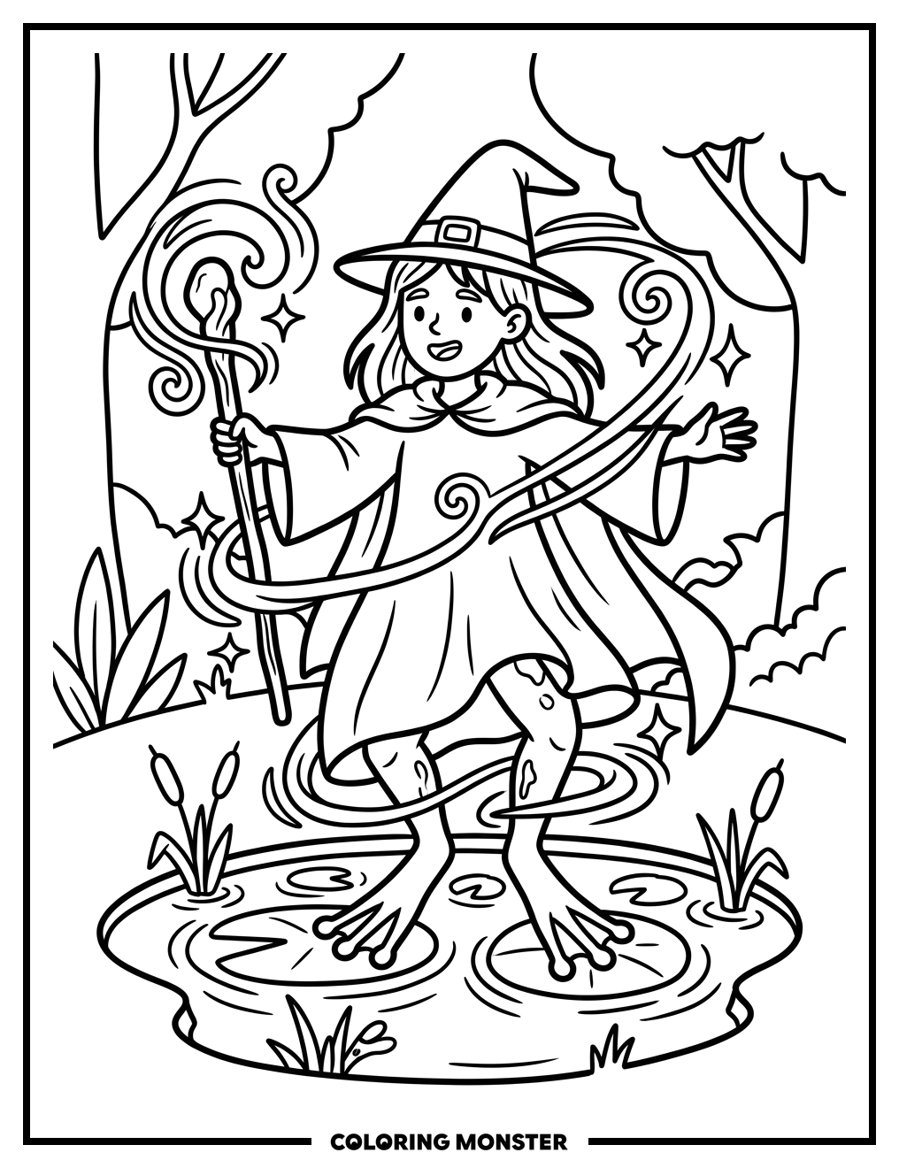 Witch Transforming Into Frog Coloring Page
