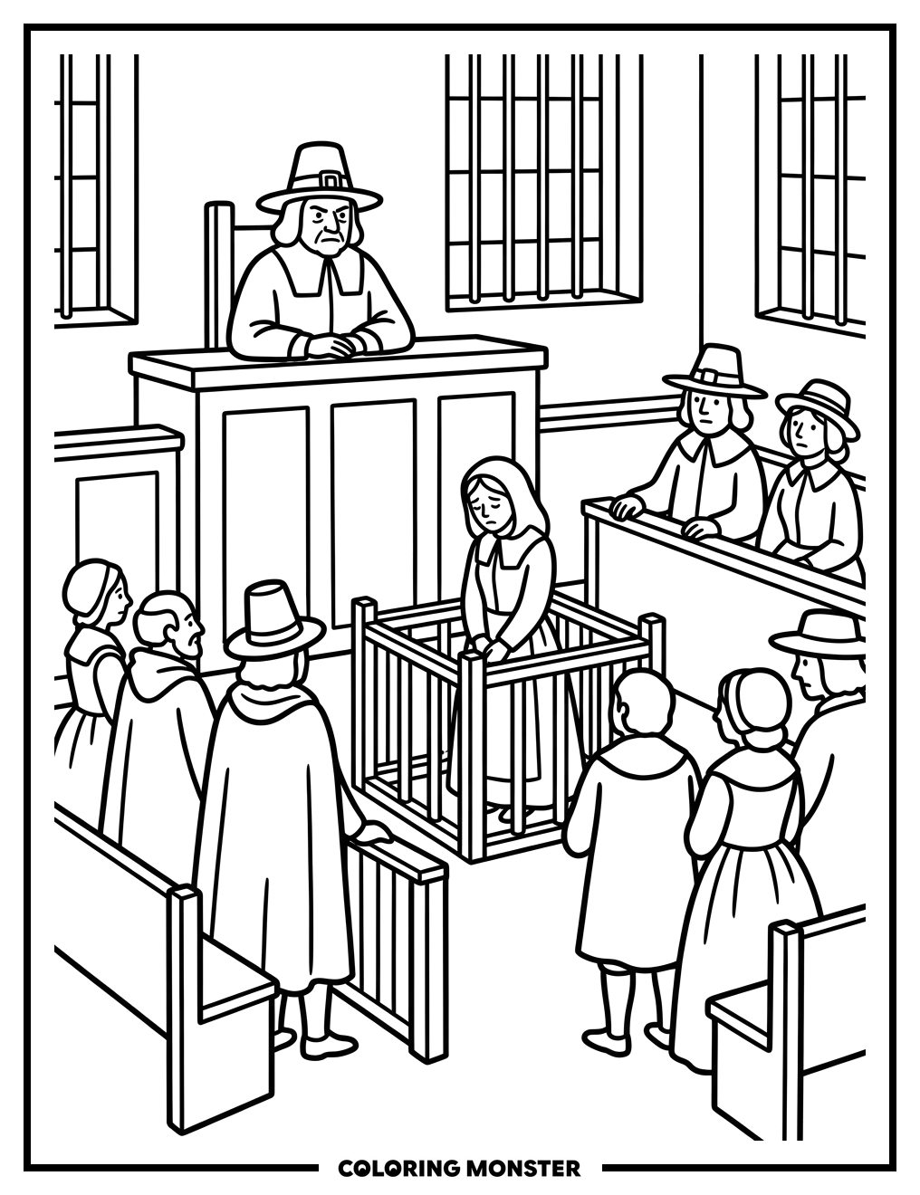 Witch Trials Courtroom Scene Coloring Page