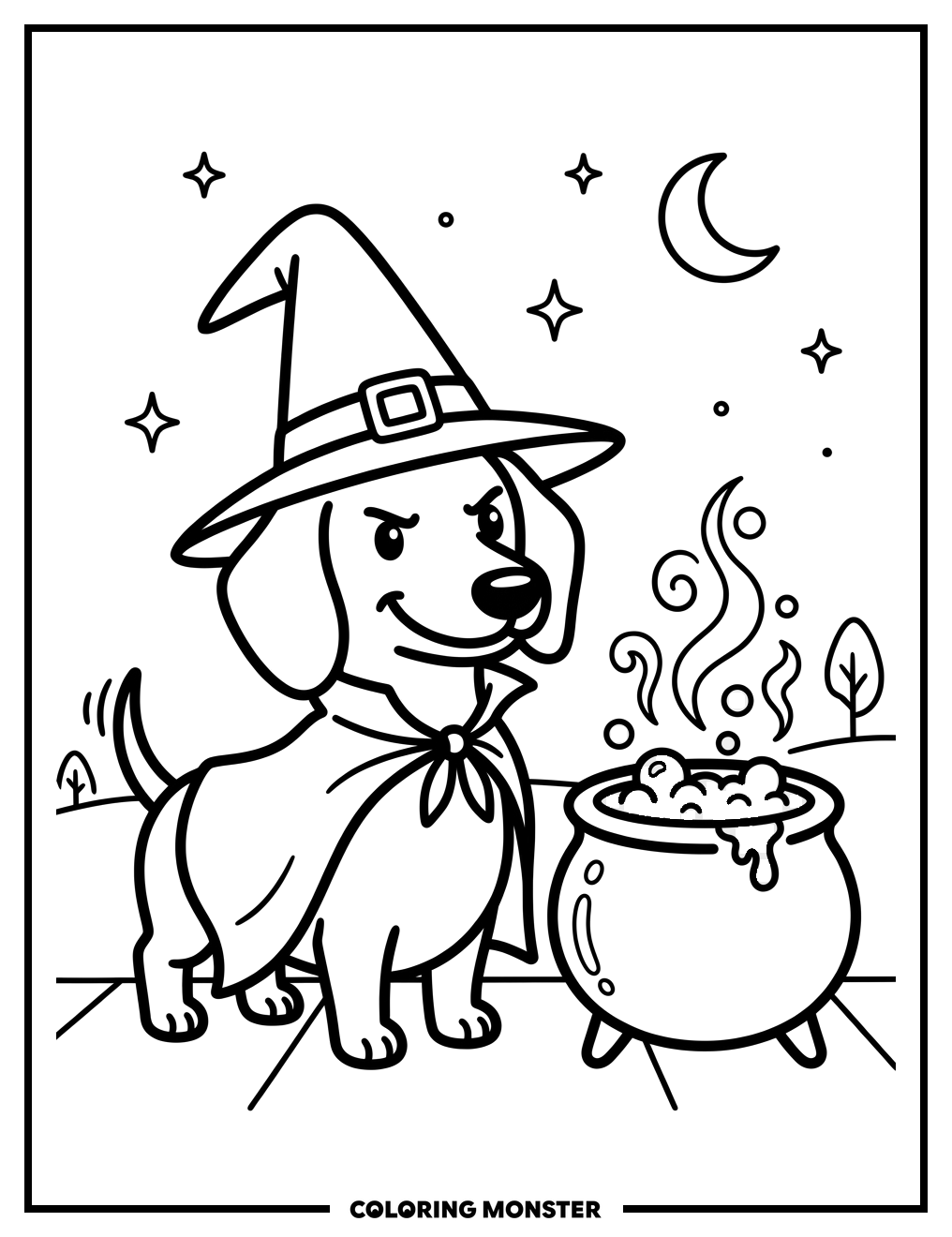 Witch Wiener Dog with Cauldron Coloring Page