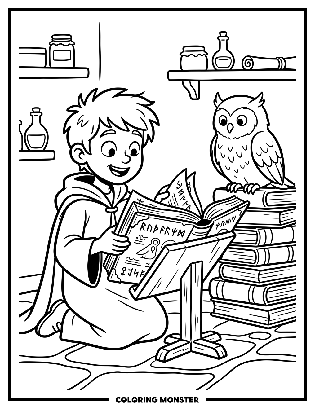 Wizard Apprentice Reading Spellbook Coloring Page