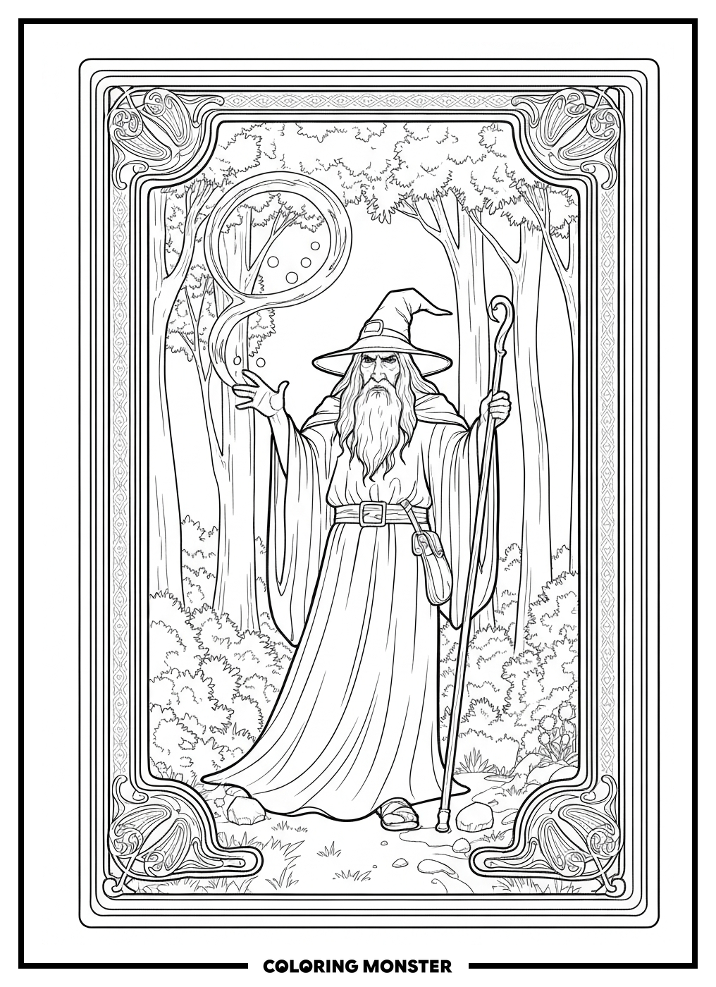 Wizard Casting A Spell In A Forest Coloring Page