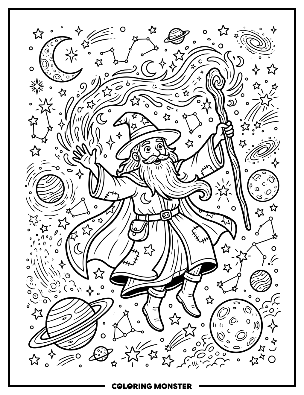 Wizard Casting Spells in Space Coloring Page
