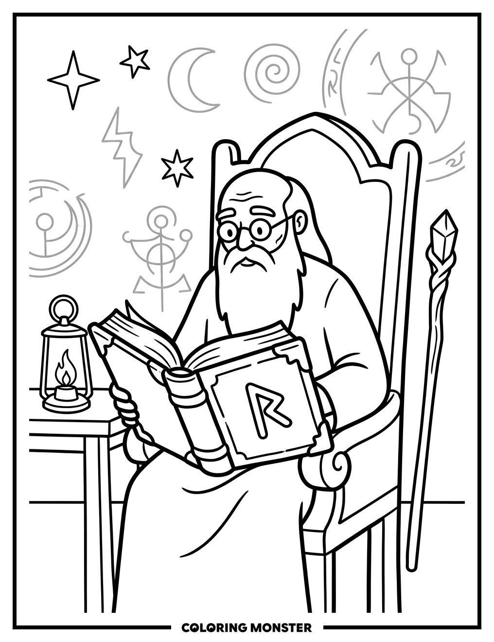 Wizard Reading Ancient Tome Coloring Page