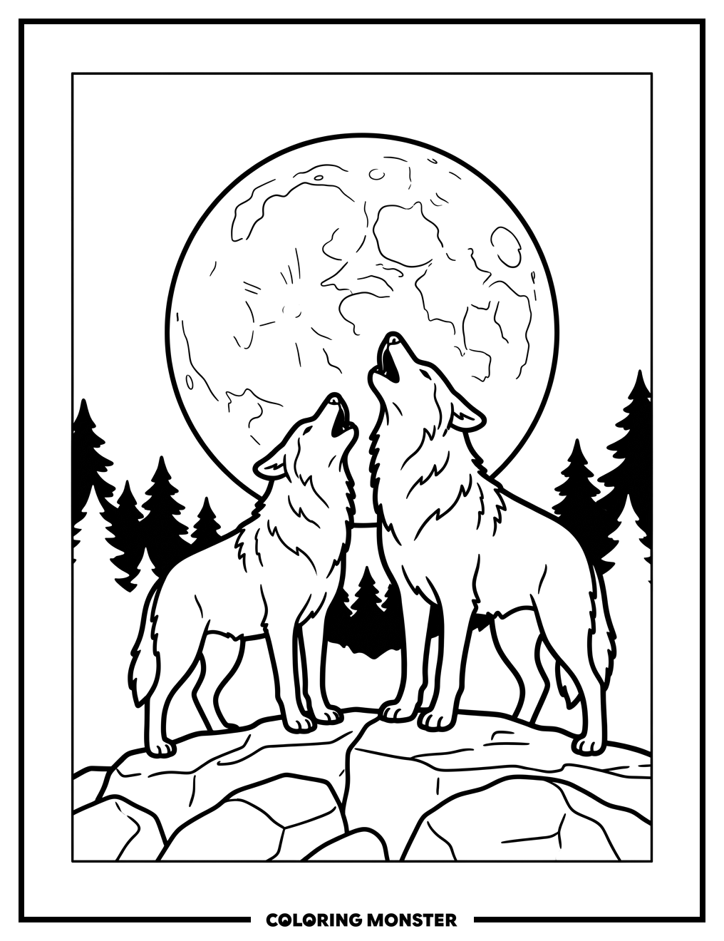 Wolf Couple Howling at Moon Coloring Page