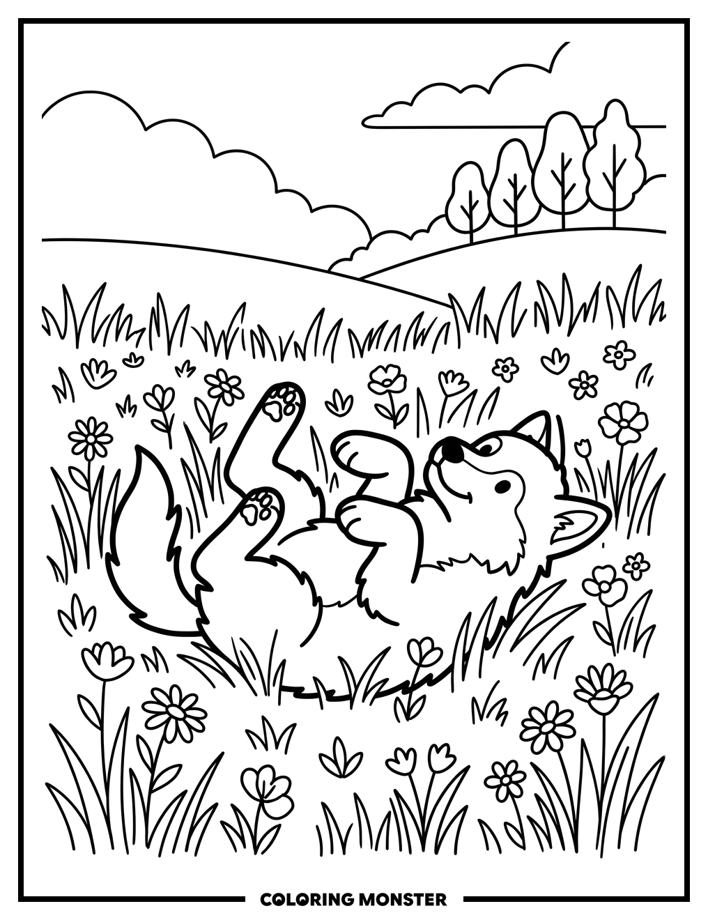 Wolf Cub Playing in Wildflowers Coloring Page