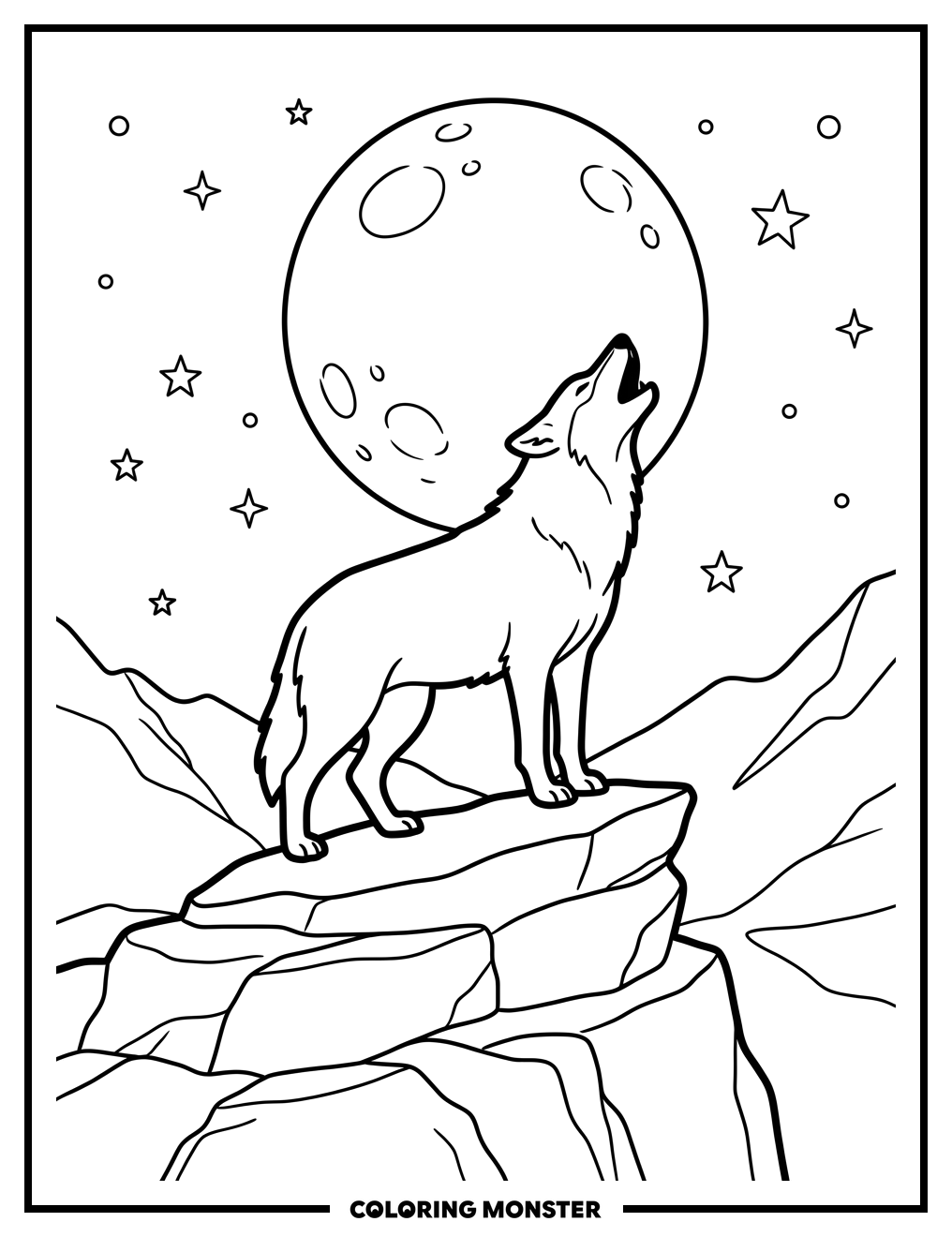 Wolf Howling At Full Moon Coloring Page