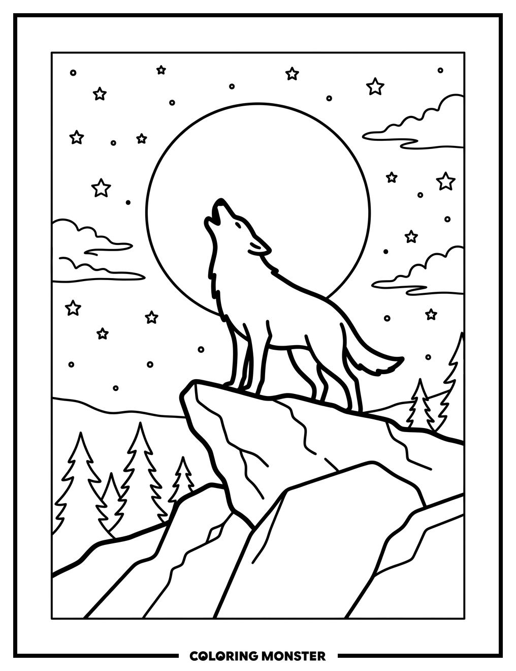 Wolf Howling at Full Moon Coloring Page