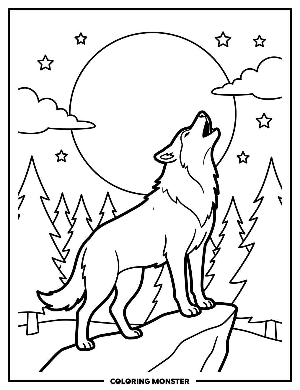 Wolf Howling at Full Moon Coloring Page