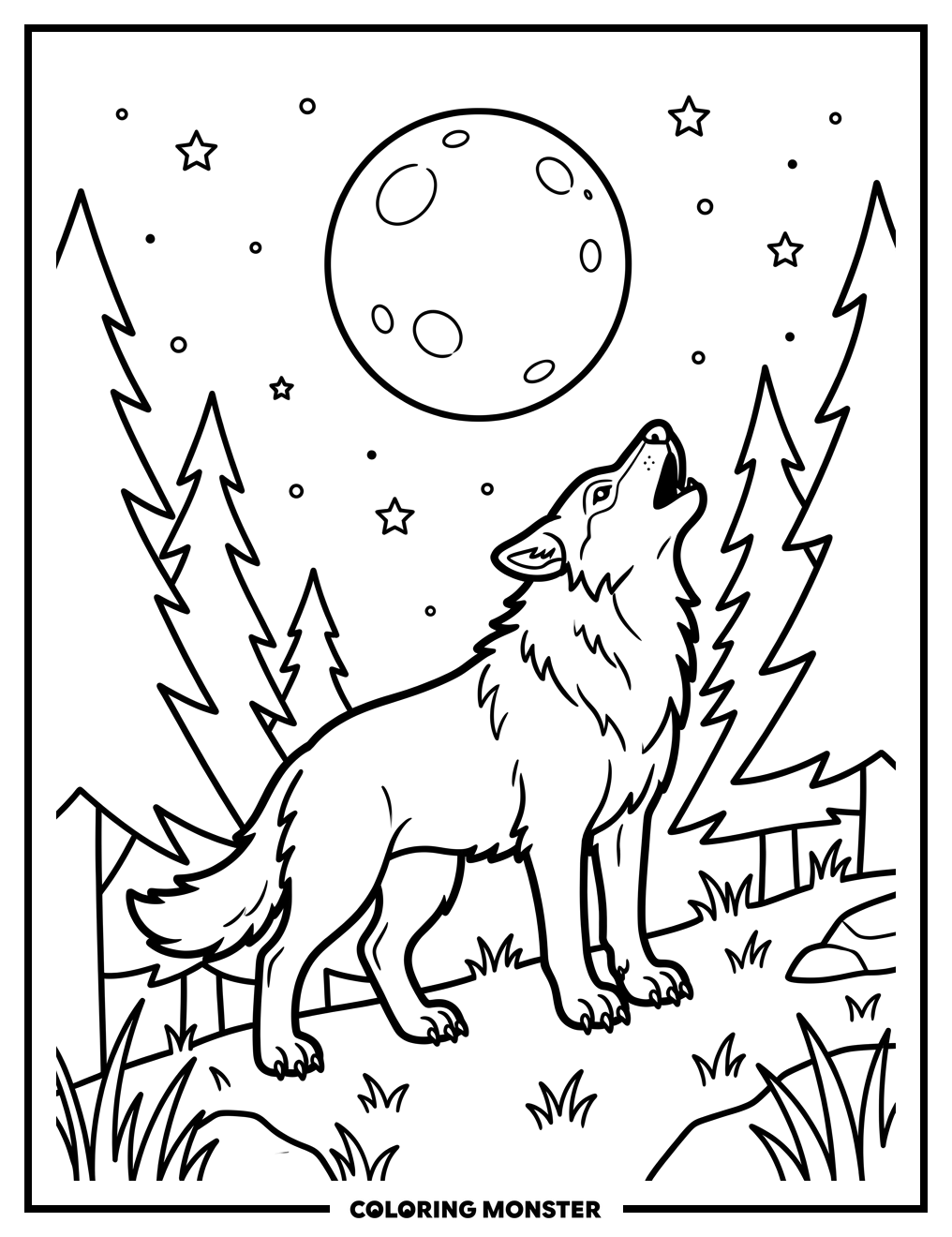 Wolf Howling at Full Moon Coloring Page