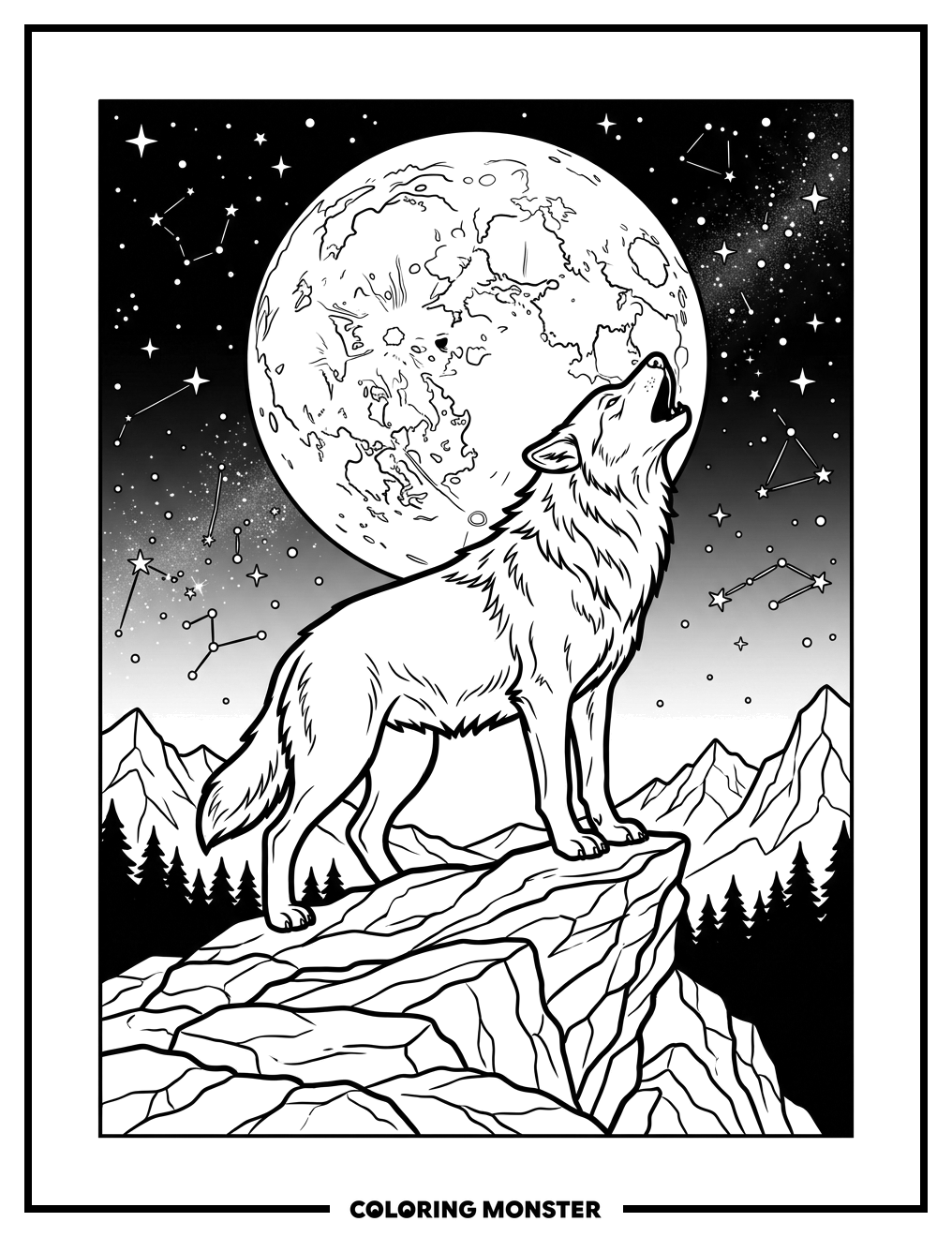 Wolf Howling at Moon Coloring Page