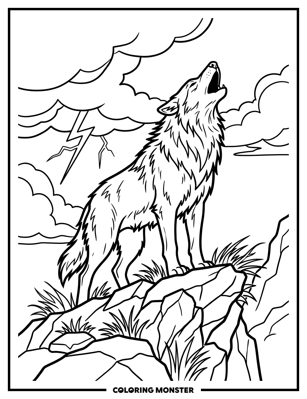 Wolf Howling at Stormy Sky Coloring Page