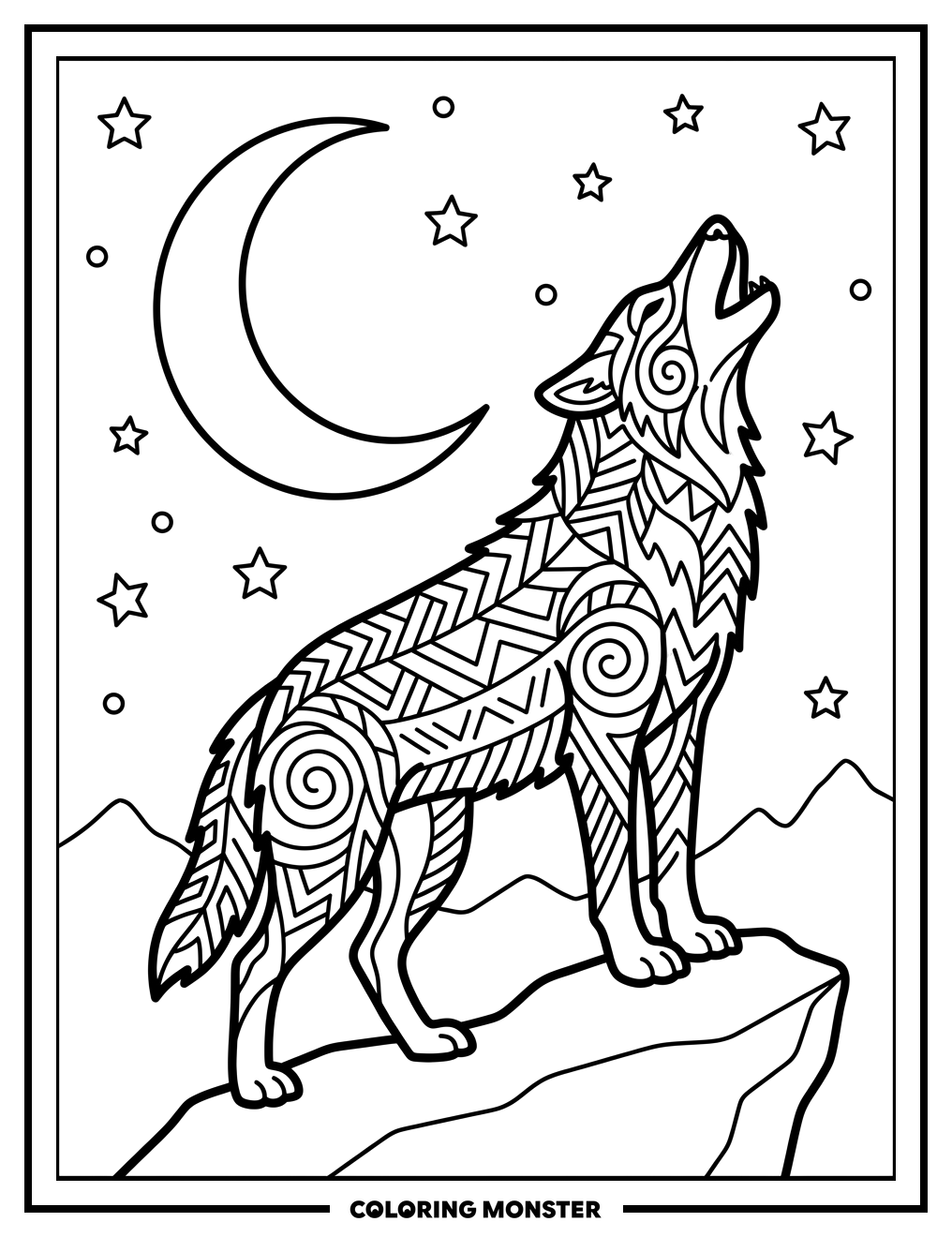 Wolf Howling at Tribal Moon Coloring Page