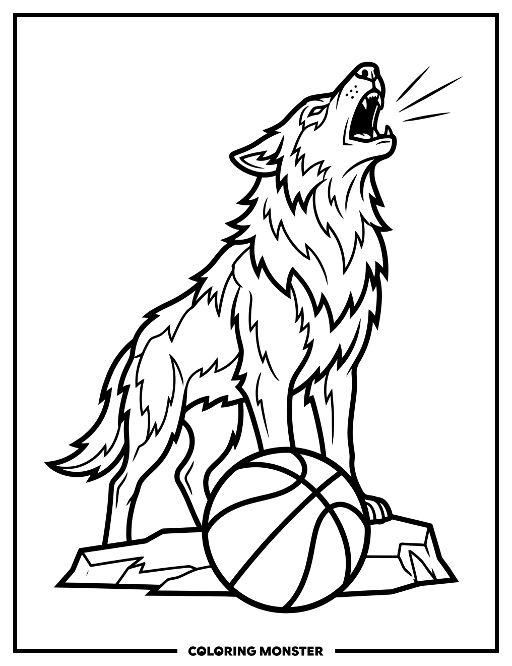 Wolf Howling with Basketball Coloring Page